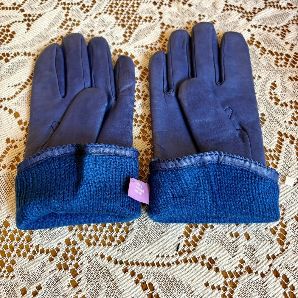 Vintage Grandoe Periwinkle Blue Soft Leather Dress Gloves M Acrylic Knit Lined